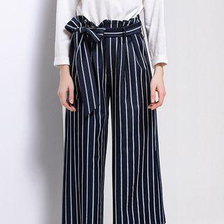 Ruffle Trim Striped Cropped Wide-leg Pants