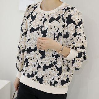 Puff-sleeve Flower-printed Chiffon Pullover