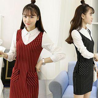 Mock Two-piece Long-sleeve Pinstriped Dress