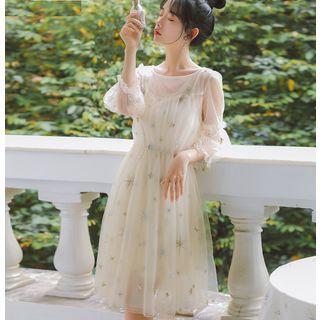 3/4-sleeve Embroidered Sequined Mesh A-line Dress