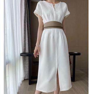 Split-neck Short-sleeve Midi A-line Dress