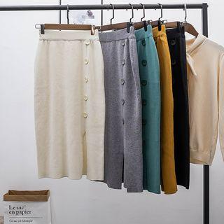 Buttoned Knit Midi Straight-fit Skirt