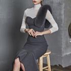 Set: Top + Faux-fur Panel Sheath Dress