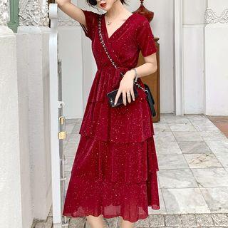 Drawstring Short-sleeve Sequined Layer Pleated Dress