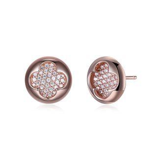 Sterling Silver Fashion Brilliant Plated Rose Gold Four-leafed Clover Round Stud Earrings With Cubic Zircon Rose Gold - One Size