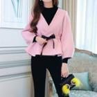 Set: Long-sleeve Knit Top + Open Front Coat + Cropped Skinny Pants
