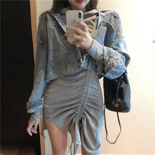 Plain Long-sleeve Slim-fit Dress Gray - One Size