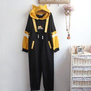 Color Block Hoodie / Dog Embroidered Jumper Pants / Set