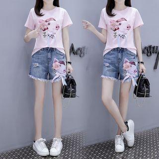 Set: Print Short-sleeve Top + Denim Shorts