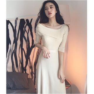 Elbow-sleeve Asymmetrical A-line Knit Dress