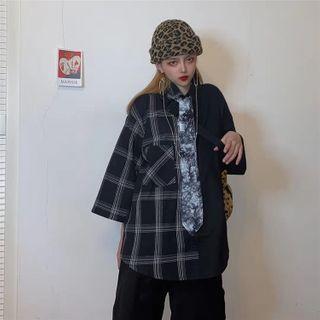 3/4-sleeve Plaid Panel Shirt As Shown In Figure - One Size
