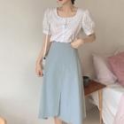 Short-sleeve Floral Blouse / Asymmetrical Midi Skirt