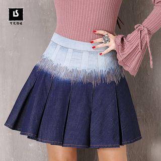 Embroidered Pleated Mini Denim Skirt