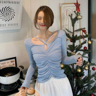 Long-sleeve Ruched Cutout Knit Top Blue - One Size