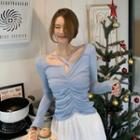 Long-sleeve Ruched Cutout Knit Top Blue - One Size