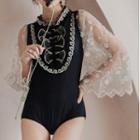 Cap-sleeve Floral Embroidered Swimsuit