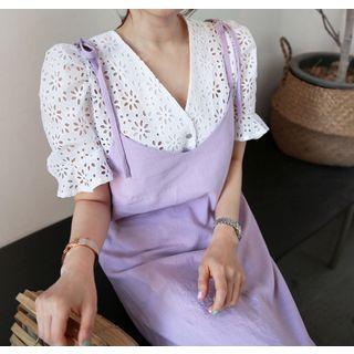 Puff-shoulder Crochet-lace Blouse