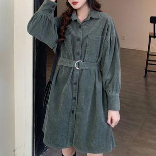 Long-sleeve Corduroy Mini A-line Shirt Dress