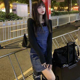 Cut-out Long-sleeve T-shirt / Midi Denim Jumper Dress