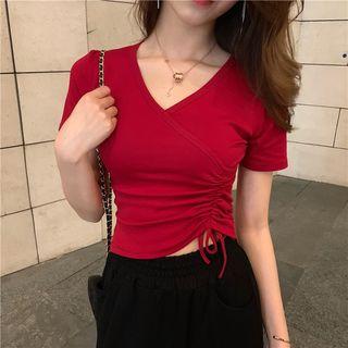 Short-sleeve Drawstring Plain Top / High-waist Plain Pants