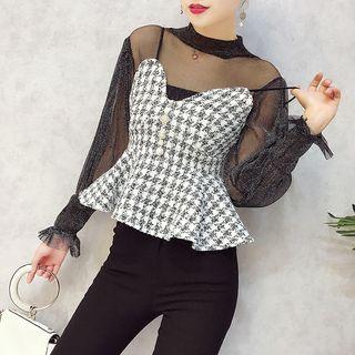 Set: Long-sleeve Glitter Top + Spaghetti Strap Peplum Top
