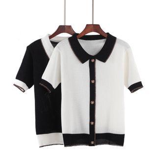 Short-sleeve Contrast Trim Collared Cardigan