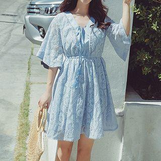 Lace Elbow Sleeve Flared Dress