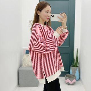 Drop-shoulder Slit-side Stripe Sweatshirt