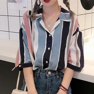 Striped Elbow-sleeve Shirt Stripe - Pink & Blue - One Size