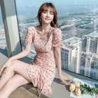 Short-sleeve Floral Print Drawstring Mini Mermaid Dress