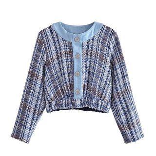 Long-sleeve Denim Panel Plaid Crop Top