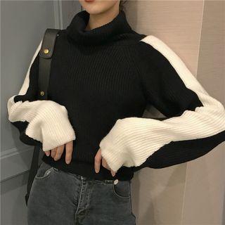 Turtleneck Two-tone Sweater Plane - Black & White - One Size
