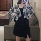 Long-sleeve Plaid Cropped Shirt + Bodycon Dress