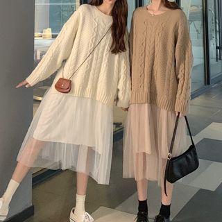 Mock Two-piece Mesh Panel Knit Midi A-line Dress
