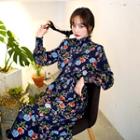 Mock-neck Smocked-cuff Long Floral Dress Navy Blue - One Size