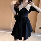 Tie-waist Contrast-collar Short-sleeve Mini Dress