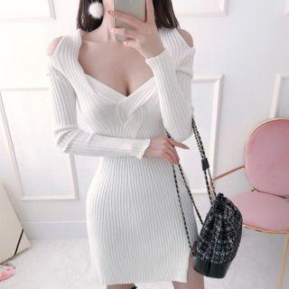 Cutaway-trim Mini Rib-knit Dress