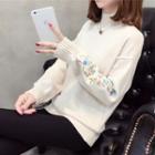 Long-sleeve Foral Embroided Mock-neck Knit Top