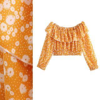 Ruffle Off-shoulder Floral Print Crop Blouse