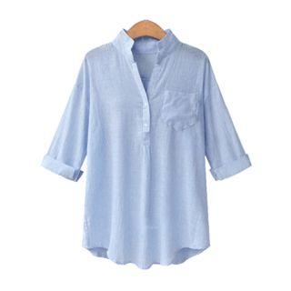 Split-neck Pinstripe Long-sleeve Blouse