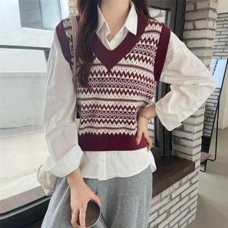V-neck Patterned Sweater Vest / Plain Shirt