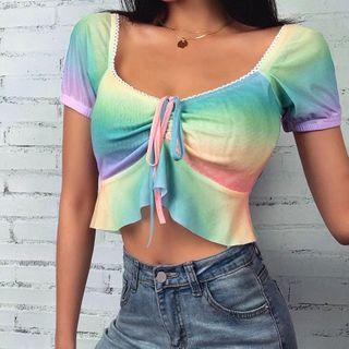 Lace Trim Bow Detail Short-sleeve Crop Top