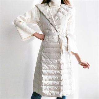Hooded Long Padded Vest With Sash