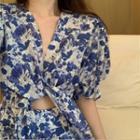Floral Puff-sleeve Cutout Mini A-line Dress