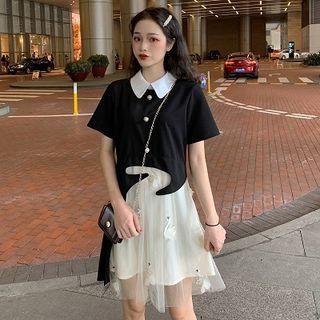 Short-sleeve Embroidered Mesh Paneled A-line Mini Dress Black - One Size