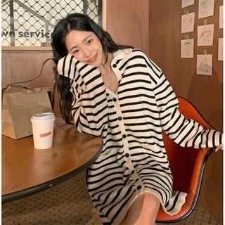 Collared Striped Cardigan Dress Ivory - One Size