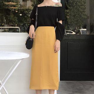 Off Shoulder Long Sleeve Top / Midi A-line Skirt