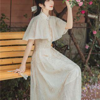 Set: Sleeveless Embroidered Floral Midi A-line Qipao + Cape