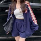 Embroidered Color Block Zip-up Jacket / High-waist Shorts