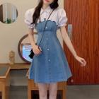 Puff-sleeve Ruffle Crop Shirt / Spaghetti Strap Denim Mini A-line Dress / Set